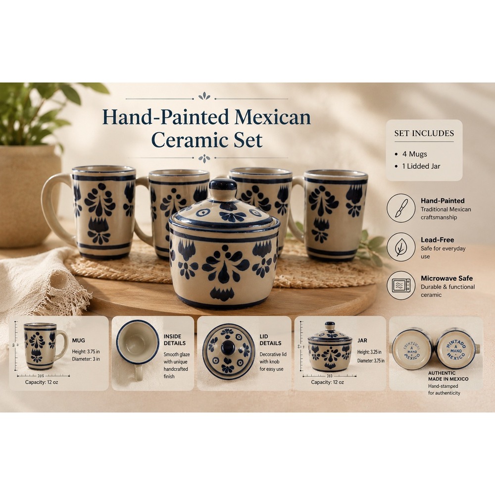 Dite Mexico Hand Painted Stoneware Mug and Sugar Bowl Set Blue Floral 5 Piece